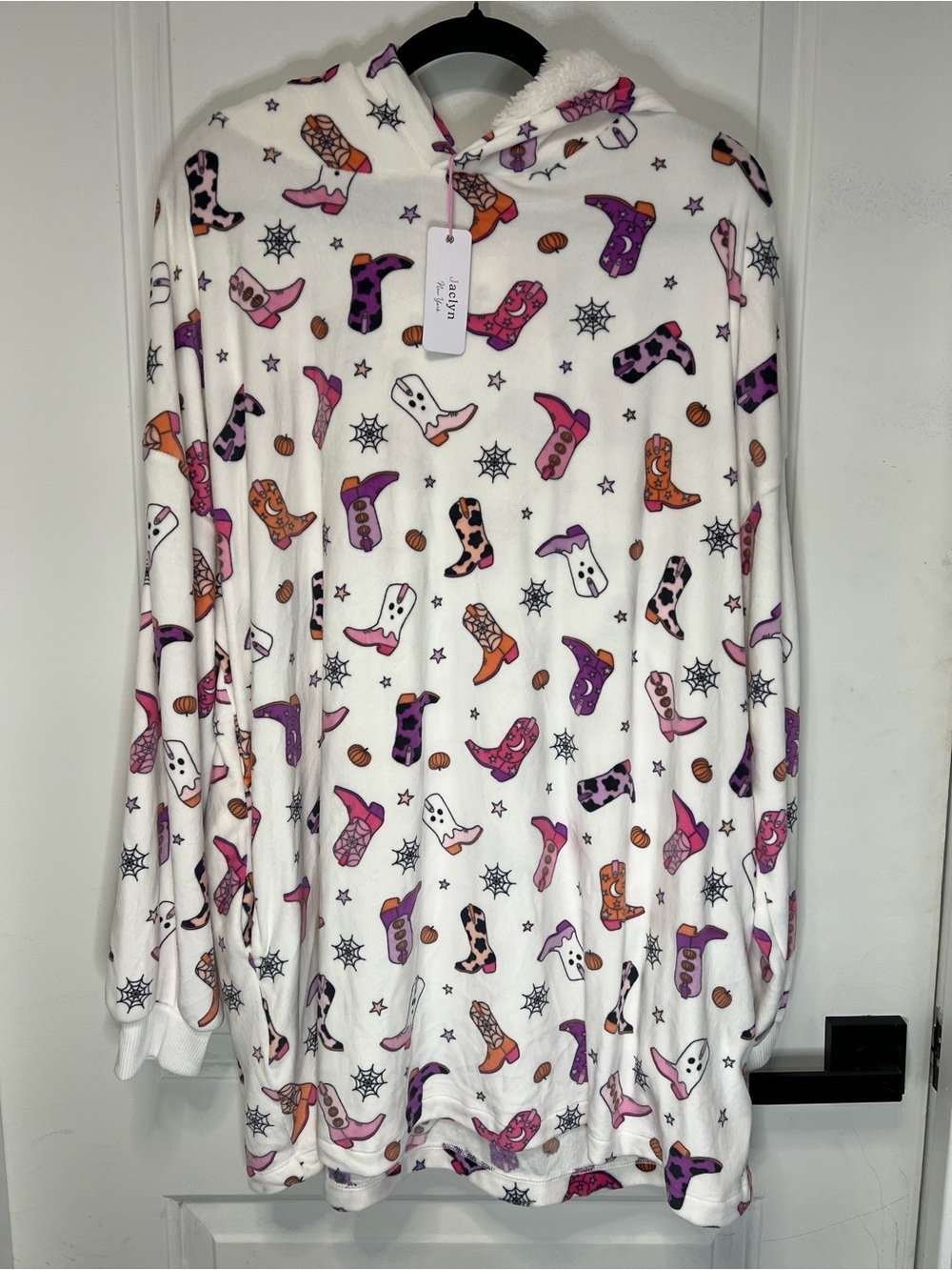 Plush Hooded Robe/Wearable Blanket with Pink & Purple Cowboy Boot Print Size S/M